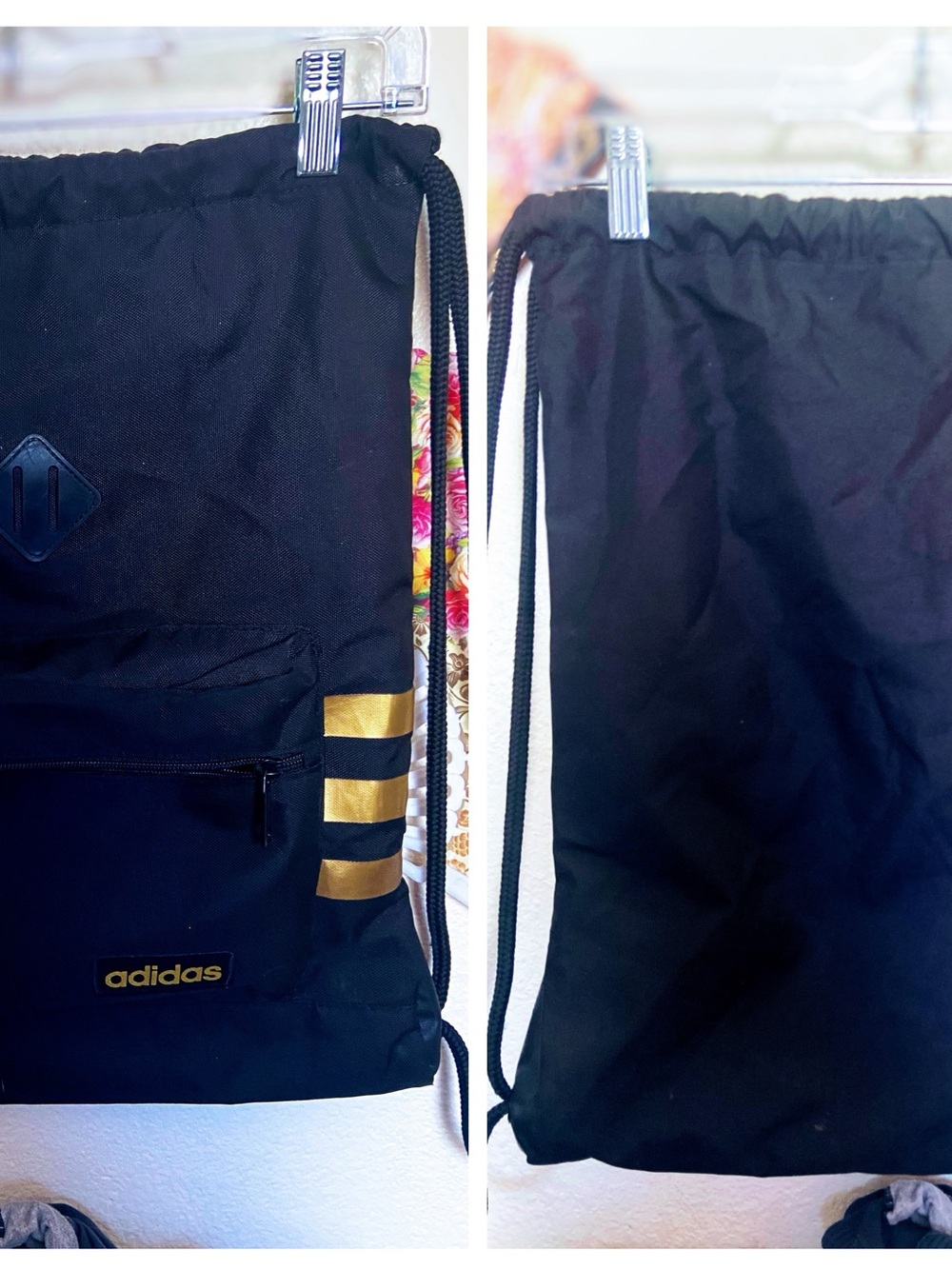 Adidas Black Drawstring Bag with Gold Accent Stripes